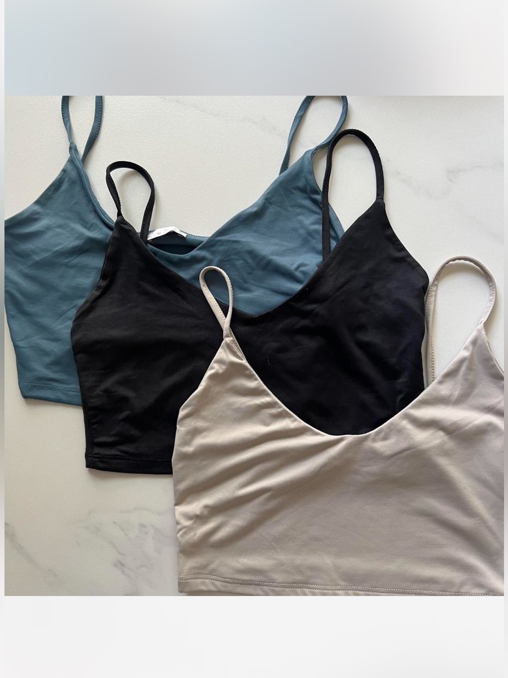 Bershka 3 Pack cami crop top in in blue, black and sand